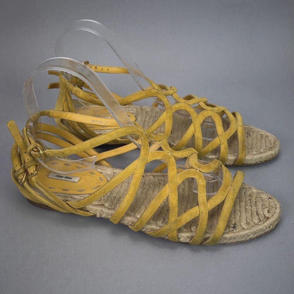 Miu Miu Yellow Gladiator Lace Up Sandals Size EU 39 US 9 Leather Strappy Flat